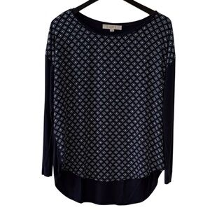 LOFT Women’s Geometric Patterned Navy Long Sleeve Top Size Medium